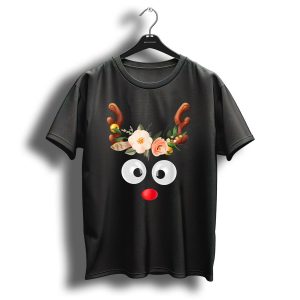 Whimsical Christmas Reindeer Face Floral Antlers T Shirt