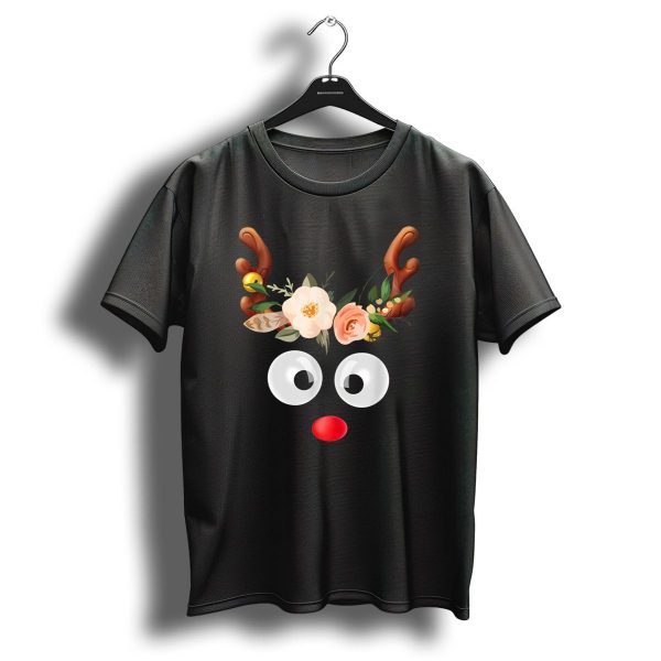 Whimsical Christmas Reindeer Face Floral Antlers T Shirt 1 t shirt 1