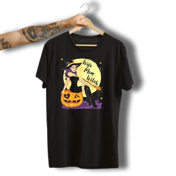 Wife Mom Witch Halloween Women Bro Pumpkin Moon Broomstick T Shirt t shirt 1