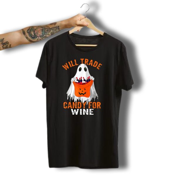 Will Trade Candy For Wine Funny Ghost Halloween Pumpkin Bag T Shirt t shirt 1