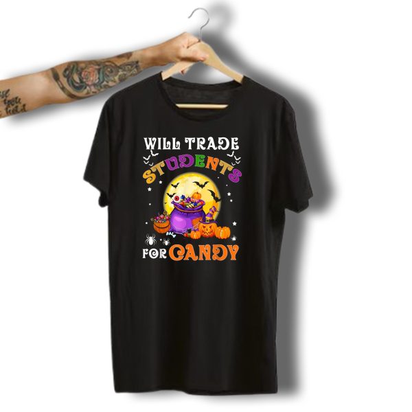 Will Trade Students For Candy Halloween Moon Bats Pumpkins Spiders T Shirt t shirt 1