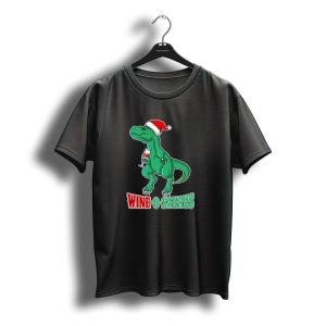 Wine O Saurus Ugly Christmas T Rex Wine Drinker Santa Hat T-Shirt