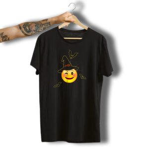 Winking Halloween Emoji Witch Face With Hat And Bats T-Shirt