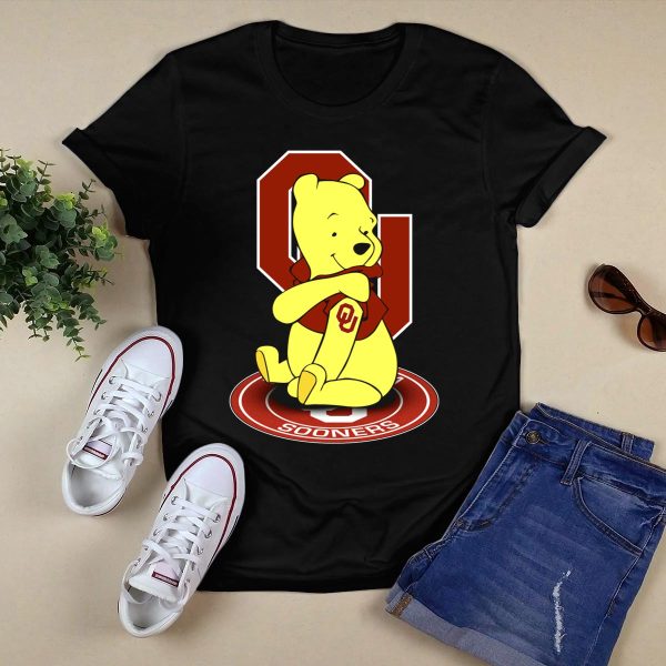 Winnie the Pooh with Oklahoma Sooners Logo and Letterman Jacket T Shirt 1
