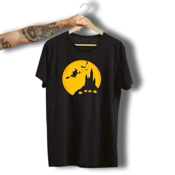 Witch Flying Over Castle With Pumpkins And Bats Halloween Boo T Shirt t shirt 1