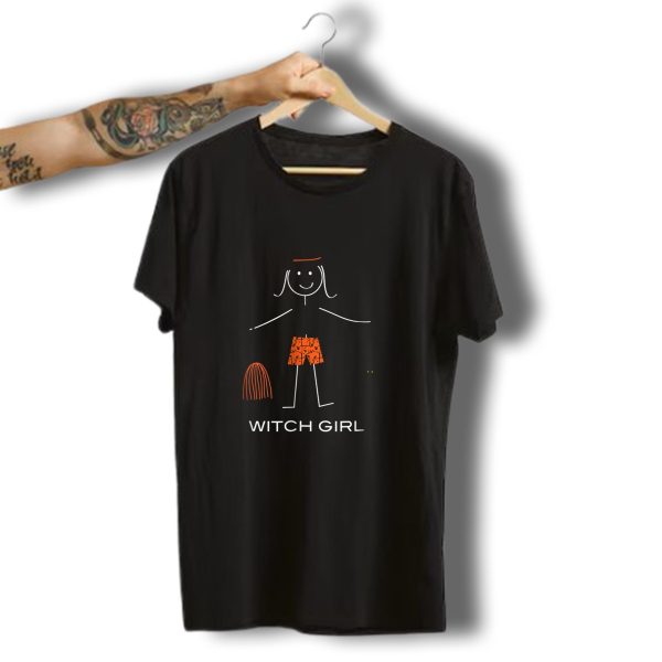 Witch Girl Halloween Stick Figure Funny Costume With Black Cat And Broom T Shirt t shirt 1