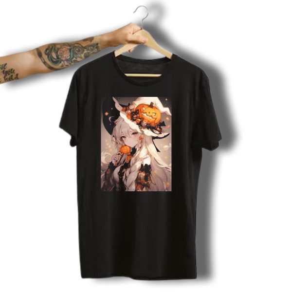 Witch Girl With Pumpkin Hat And Halloween Candy T Shirt t shirt 1