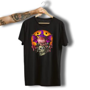 Witch Hat Gerbil Bat On Skull With Halloween Background T-Shirt