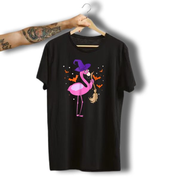 Witch Hat Pink Flamingo Holding Funny Broom With Halloween Bats T Shirt t shirt 1