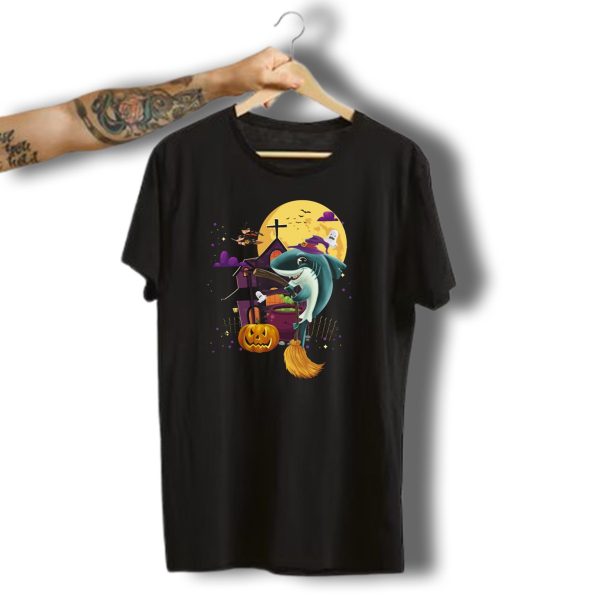 Witch Mama Shark Broom Pumpkin Haunted House Ghosts Halloween Scene T Shirt t shirt 1