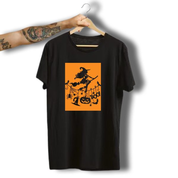 Witch On A Broom Halloween Boo Pumpkin Spider Bat Garland T Shirt t shirt 1