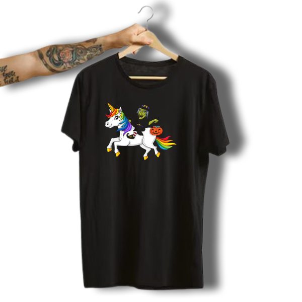 Witch On Rainbow Unicorn With Pumpkin Halloween Girls T Shirt t shirt 1