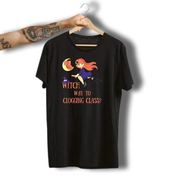 Witch Way To Clogging Class Halloween Redhead Witch Cat T Shirt t shirt 1