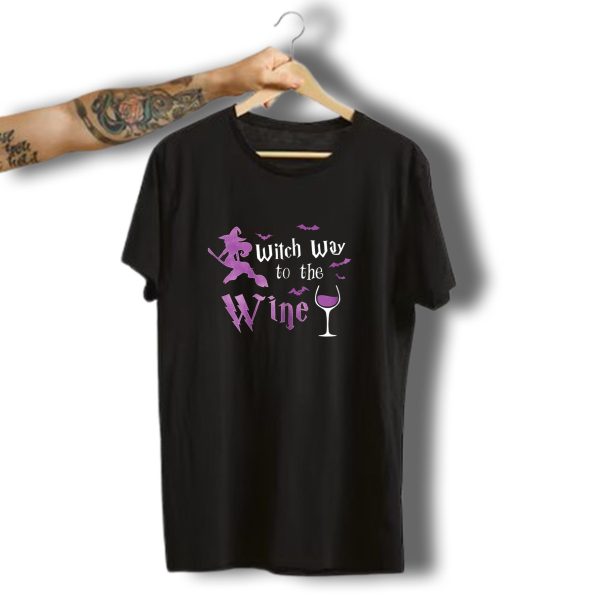 Witch Way To The Wine Funny Halloween Drinking Silhouette With Bats And Wine Glass T Shirt t shirt 1