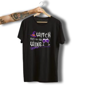 Witch Way To The Wine Halloween Witch Hat Broom Purple Wine Glasses T-Shirt