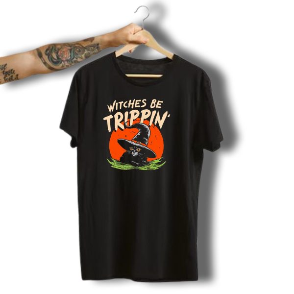 Witches Be Trippin Cat With Witch Hat And Red Moon Halloween T Shirt t shirt 1