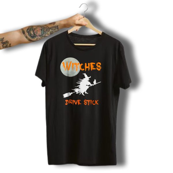 Witches Drive Stick Funny Halloween Moon Witch Cat T Shirt t shirt 1