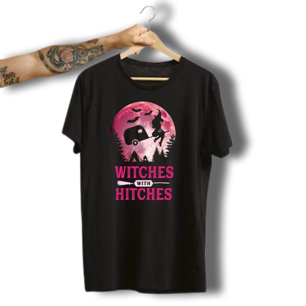 Witches With Hitches Funny Halloween Camping Moon Bats Trailer T Shirt t shirt 1