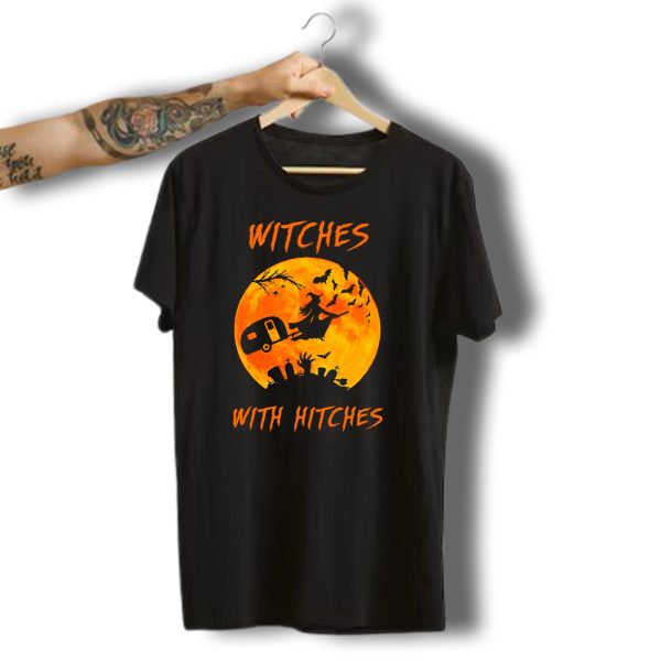 Witches With Hitches Funny Halloween Witches Riding Broomsticks Pulling Trailers T Shirt t shirt 1