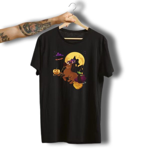 Witchy Arabian Horse Riding Broomstick With Pumpkin And Halloween Moon T Shirt t shirt 1