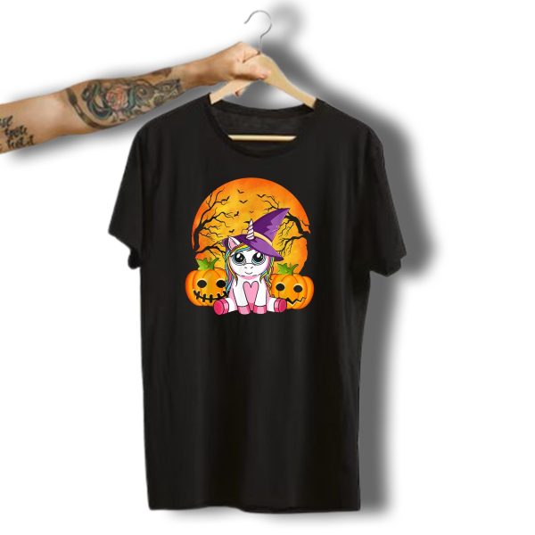 Witchy Unicorn Halloween With Pumpkins And Full Moon T Shirt t shirt 1