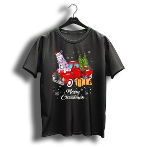 Wolf In Santa Hat With Christmas Lights On Red Truck Merry Christmas Snowflakes Tree Gifts T Shirt