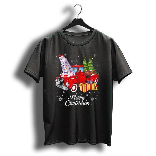 Wolf In Santa Hat With Christmas Lights On Red Truck Merry Christmas Snowflakes Tree Gifts T Shirt 1 t shirt 1
