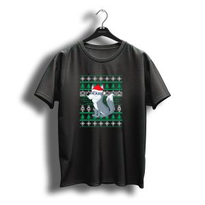 Wolf Santa Hat Ugly Christmas Sweater Style Snowflakes Trees Robots T-Shirt