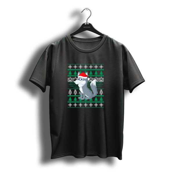 Wolf Santa Hat Ugly Christmas Sweater Style Snowflakes Trees Robots T Shirt t shirt 1