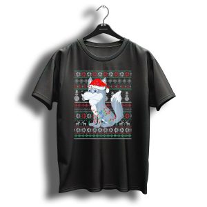 Wolf Wearing Santa Hat With Christmas Lights And Holiday T Shirt