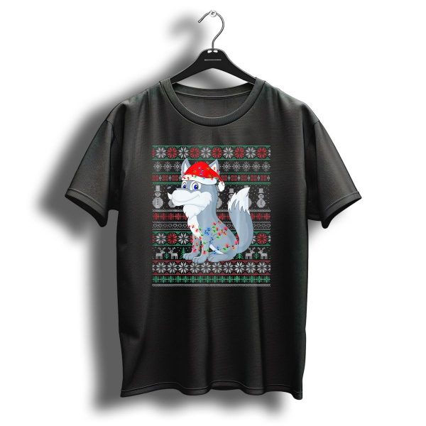 Wolf Wearing Santa Hat With Christmas Lights And Holiday T Shirt 1 t shirt 1