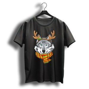 Wolf With Christmas Reindeer Antlers And Festive Scarf T Shirt
