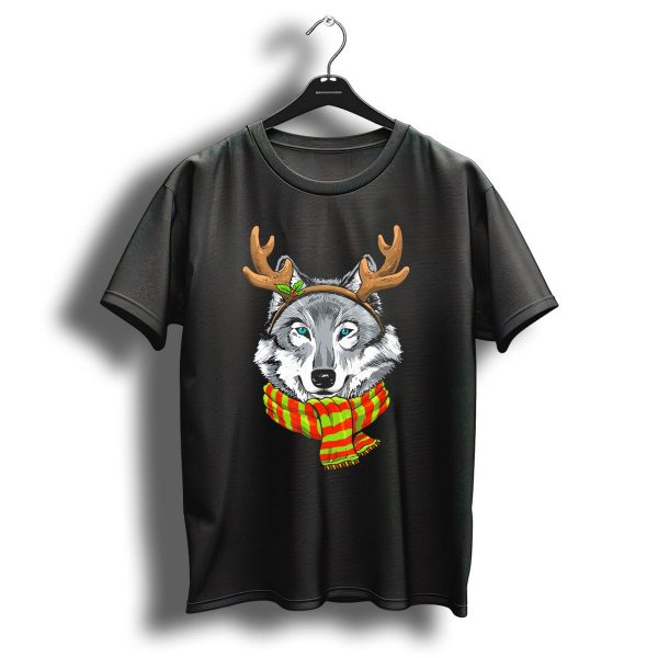 Wolf With Christmas Reindeer Antlers And Festive Scarf T Shirt 1 t shirt 1