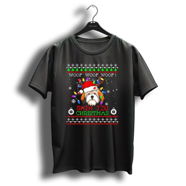 Woof Woof Woof Shih Tzu Christmas Lights Ugly Xmas T Shirt 1 t shirt 1
