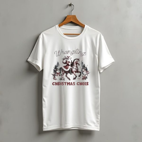 Wrangling Christmas Cheer Santa Claus Horse Snowman Reindeer Forest T Shirt t shirt 1