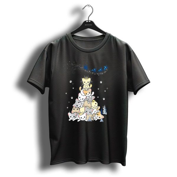 Xmas Cats Christmas Tree With Lights And Snowflakes Featuring Santas Sleigh T Shirt 1 t shirt 1