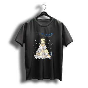 Xmas Cats Christmas Tree With Lights And Snowflakes Featuring Santa'S Sleigh T-Shirt