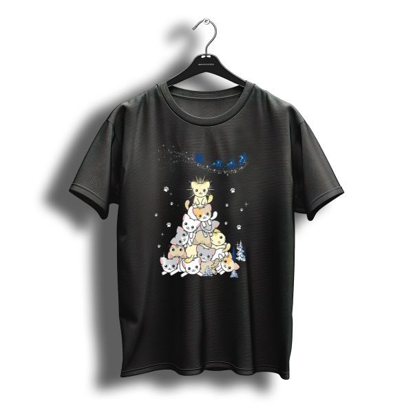Xmas Cats Christmas Tree With Lights And Snowflakes Featuring Santas Sleigh T Shirt t shirt 1