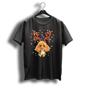 Xmas Funny Poodle With Reindeer Horns Snowflakes Christmas Lights T-Shirt