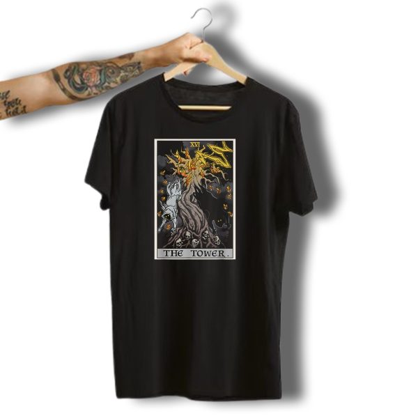 Xvi The Tower Tarot Card With Skulls And Ghosts Burning Tree Halloween Goth T Shirt t shirt 1