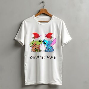 Yoda And Stitch Christmas Santa Hats Holiday Lights T Shirt