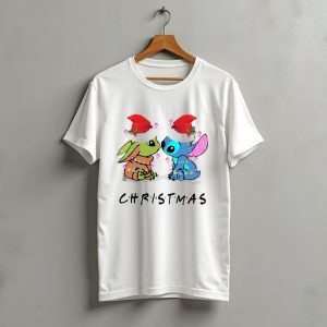 Yoda And Stitch Christmas Santa Hats Holiday Lights T-Shirt