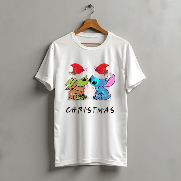 Yoda And Stitch Christmas Santa Hats Holiday Lights T Shirt t shirt 1