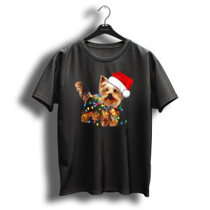 Yorkie Christmas Lights Santa Hat T Shirt