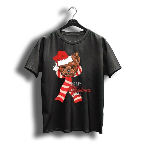 Yorkie Dog Merry Christmas YAll Santa Hat And Scarf T Shirt t shirt 1