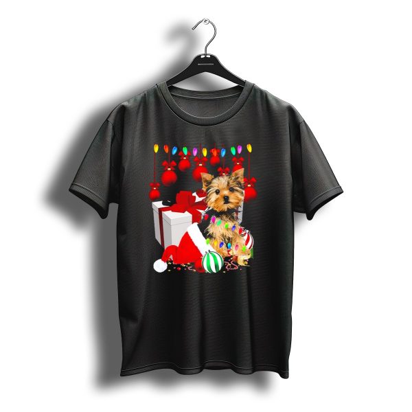 Yorkie Puppy In Santa Hat With Christmas Ornaments And Lights T Shirt t shirt 1