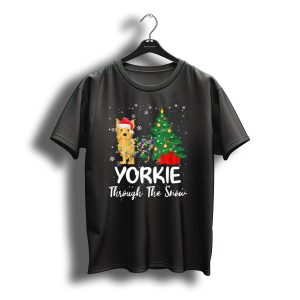 Yorkie Through The Snow Christmas Tree Santa Hat Snowflakes T-Shirt