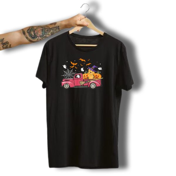 Yorkie Witch On Red Truck With Pumpkins And Halloween Ghosts T Shirt t shirt 1