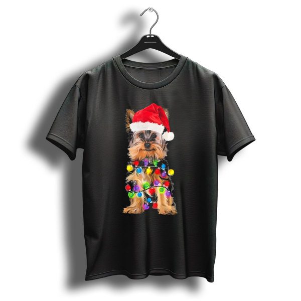 Yorkshire Christmas Yorkie In Santa Hat With Festive Lights T Shirt 1 t shirt 1