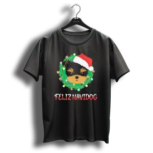 Yorkshire Terrier Feliz Navidog Santa Hat Wreath Christmas Lights T Shirt